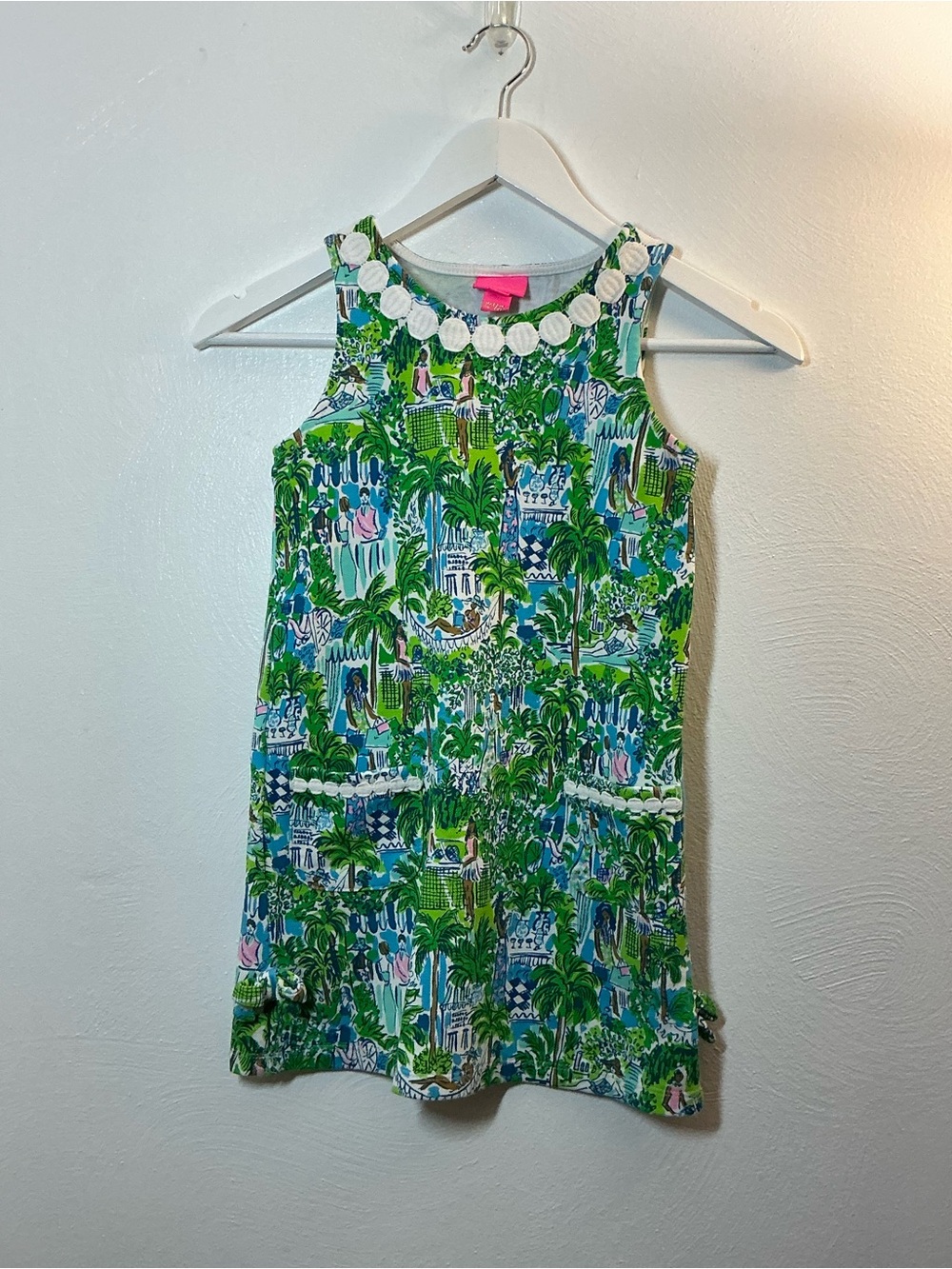 Lilly Pulitzer Green & Blue Tropical Shift Dress White Neck Trim Girls Med. 6-7